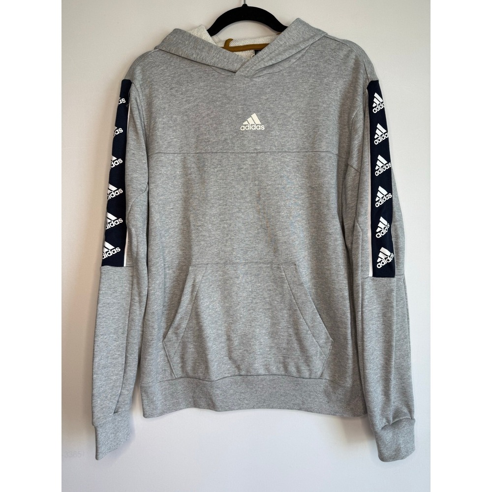 Adidas Men Gray Logo Tape Hoodie Hooded Sweatshirt Pullover Regular Fit Sz S